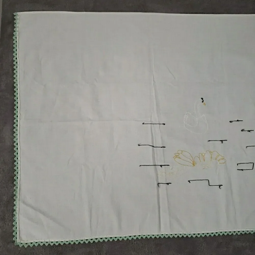 Embroidered Table Runner Swans Lilly Pad Mint Green Rick Rack 25